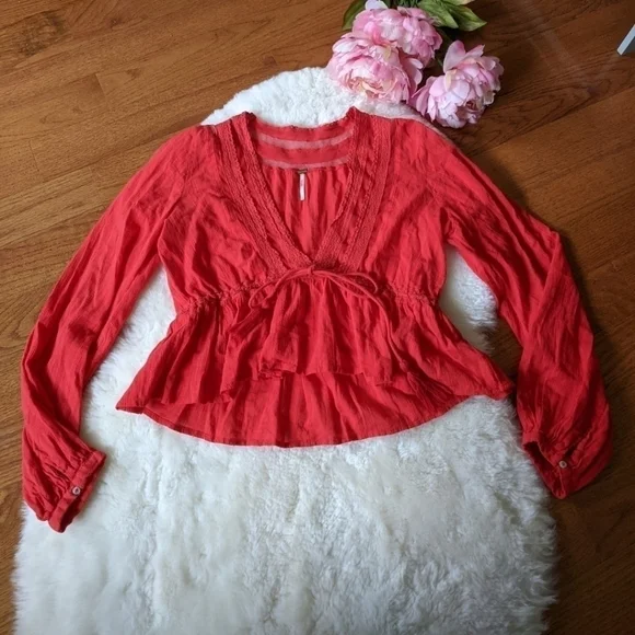 free PEOPLE oberoi red deep v neck boho blouse - Picture 7 of 11